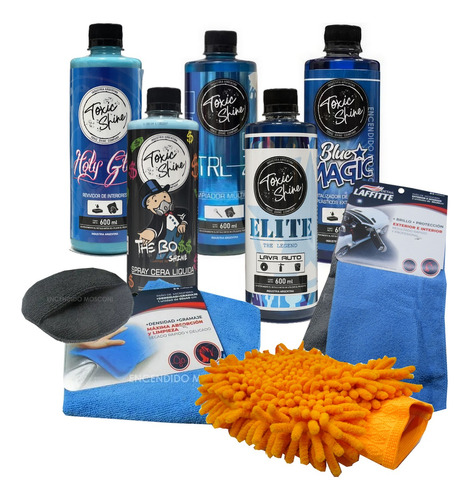 Kit Lavado Auto Completo Azul Cera Shampoo Toxic Shine