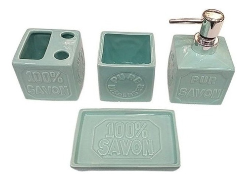 Set Baño Cerámica Pure Savon 4 Piezas Color Verde Claro