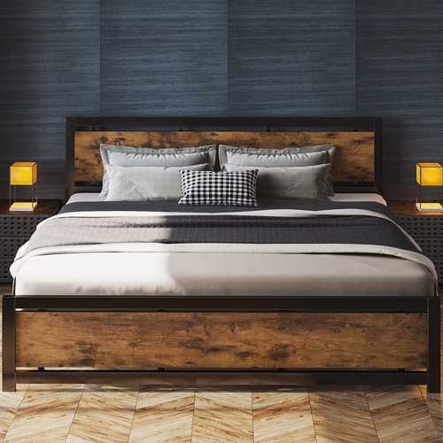 Base De Cama Plataforma King Con Cabecera Madera Industrial