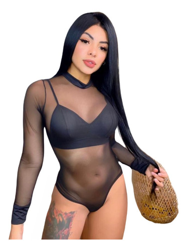 Body Negro Mangas Malla Transparente Sexy Lenceria Mujer