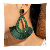 Aretes Mujer Grandes Escarchados Verdes Borlas Moda 9cm