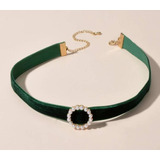 Delicado Colar Choker Veludo Verde Pingente Circulo Perola