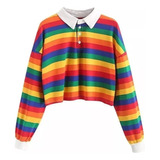 Fk Suéter Con Cuello A Rayas Arcoíris, Camiseta Manga Larga