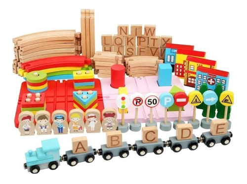 Pista Tren De Madera Juguete Bloques Construcción Para Niños