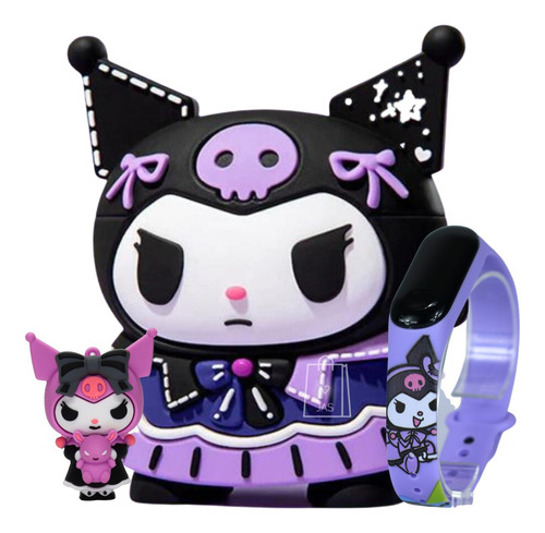 Audífonos Kuromi Hello Kitty Con Reloj Y Llavero Kuromi