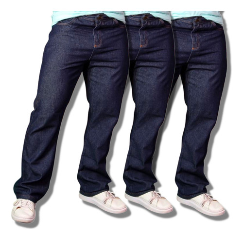 Kit 3 Calças Jeans Tradicional Reforçada Barra Larga Básica
