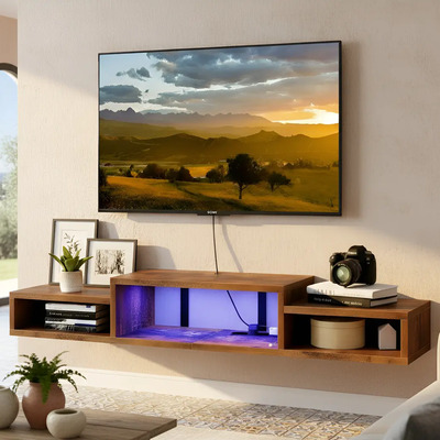 Mueble Para Tv Flotante Nogal Moderno 150cm Con Led, Enchufe | Envío gratis