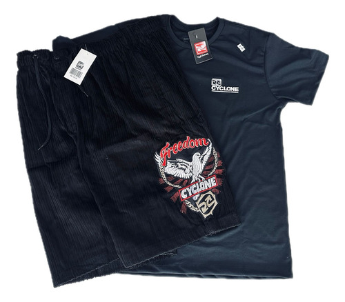 Bermuda Da Cyclone Veludo Black Chave + Camiseta Setas Pop