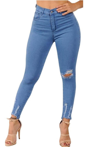 Jeans Chupin Elastizado Tiro Alto Rotura Mujer 
