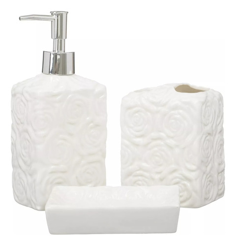 Kit Banheiro Lavabo Porta Sabonete Líquido 3 Peças / Rosas 