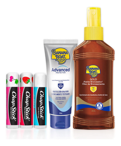 Pack Chapstick X3 + Bloqueador + Bronceador Banana Boat