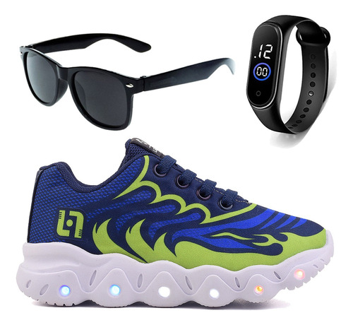 Tenis Infantil Led Meninos Casual Com Luzes Oculos Relogio