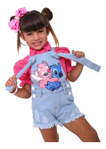 Jardineira Jeans Infantil Lilo E Stitch Roupa Menina Macacão