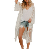 Chaqueta Kimono Larga De Encaje Bohemio Gris Playa Para Muje