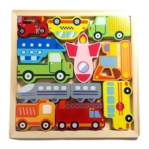 Juego De Encastre Niños Bloques Madera Transportes Montesori