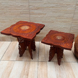 Mesa Auxiliar Madera Teka De India 40x36cm Tallado Artesanal