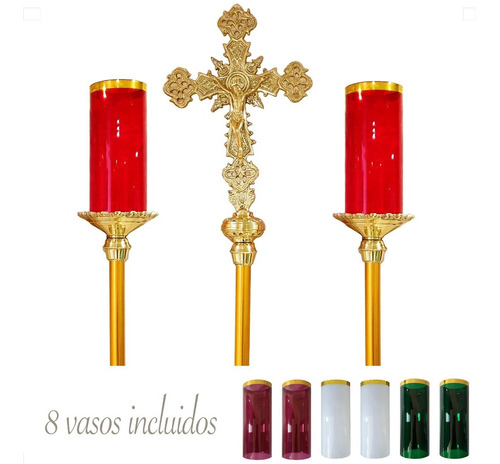 Cirial Y Cruz Alta Procesional Con 8 Vasos Liturgicos