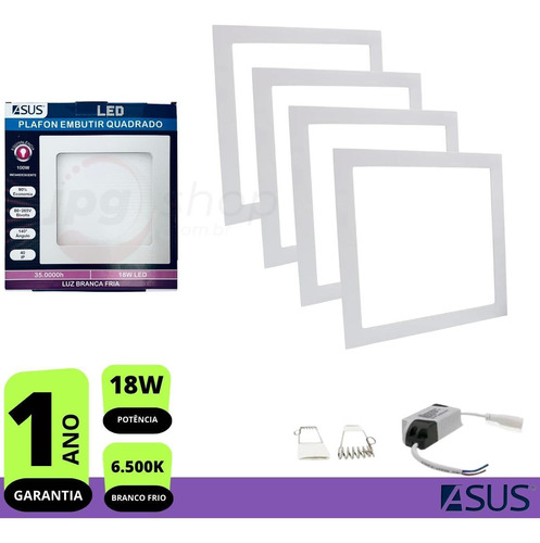 Kit 4x Plafon Painel Led Embutir 18w Branco Frio Quadrado