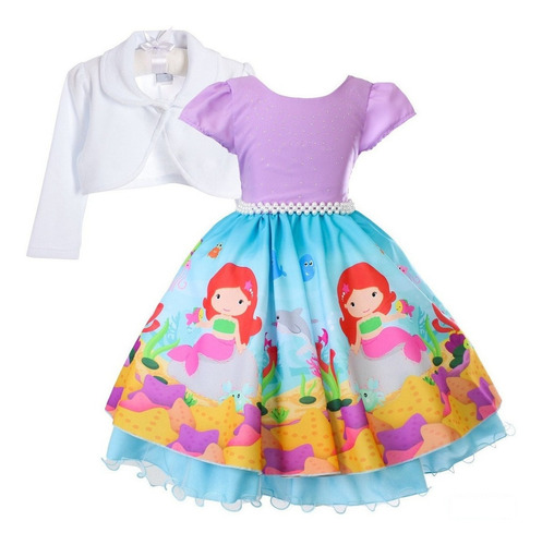 Vestido Ariel Sereia Festa Infantil Fundo Mar Luxo + Bolero