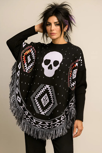 Capa-poncho Calavera Con Mangas 3/4 Elegante De Moda