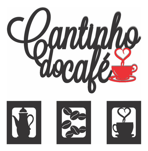 Placa Cantinho Do Café 4 Peças Em Mdf Preto/vermelho