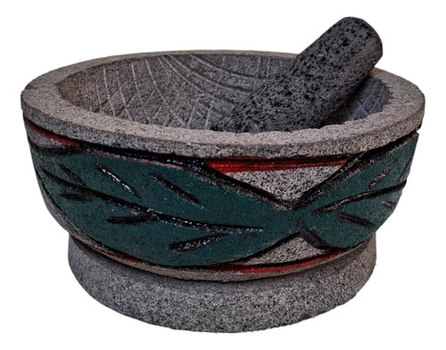 Molcajete Artesanal Con Hojas Piedra Volcánica 22 Cm