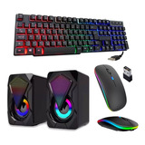 Kit Teclado Gamer Caixas De Som Rgb + Mouse Sem Fio Led Pc