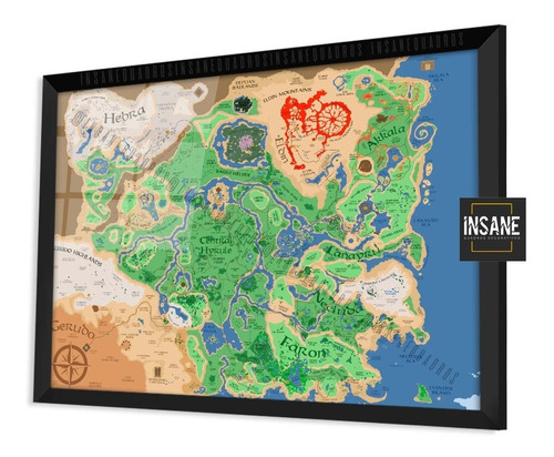Quadro Mapa Zelda Breath Of The Wild Moldura C/ Vidro 24x18
