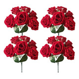 Kit 4 Buquês De Flores Artificiais Rosas Grande Aveludadas