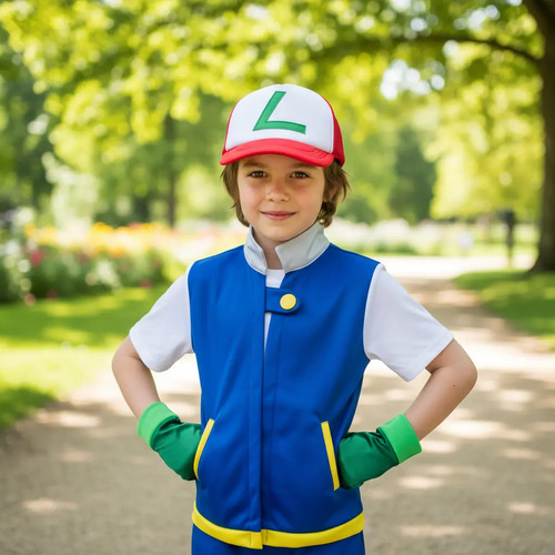Disfraz Ash  Entrenador Pokem Cosplay Chaleco + Gorra Disfraz Infantil | Meses sin interés