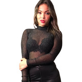 Body Blusa Segunda Pele Manga Longa Transparente Tule Preto 