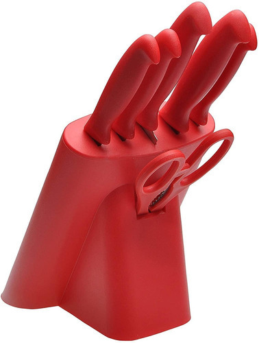 Juego 5 Cuchillos Filosos Y Tijeras Acero Inox Base Color Rojo