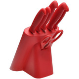 Juego 5 Cuchillos Filosos Y Tijeras Acero Inox Base Color Rojo