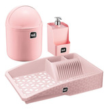 Kit Pia Cozinha Premium Lixeira +escorredor +dispense - Rosa