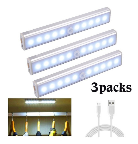 3pack 10 Led Armario Luz Con Sensor De Movimiento Focos Usb