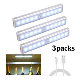 3pack 10 Led Armario Luz Con Sensor De Movimiento Focos Usb