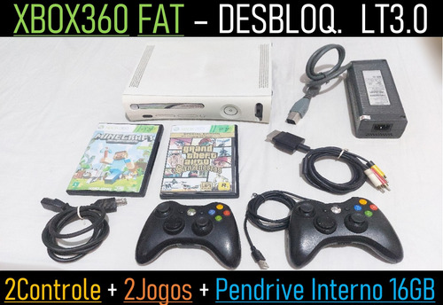 Xbox 360 Fat Desbl0. Lt3.0 + 2 Controle + Pen 16gb  + 2 Jogos - Xb1