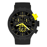 Reloj Pulsera Swatch Originals Checkpoint De Cuerpo Color Negro, Analógico, Fondo Negro Y Gris, Con Correa De Silicona Color Negro Y Amarillo, Agujas Color Amarillo Y Blanco, Dial Amarillo, Subesferas