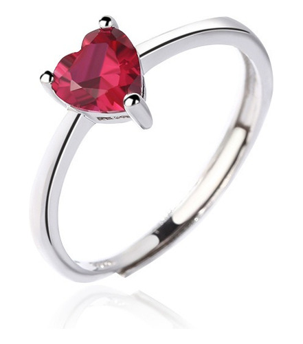 Anillo Ajustable Plata S 925 Corazón Cristal Color Ruby 