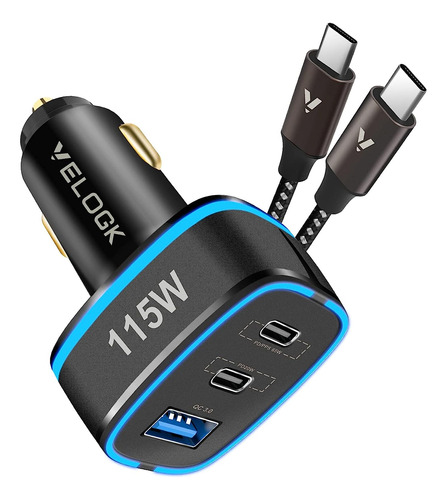 Velogk - Cargador De Coche Usb C De 115 W, 3 Puertos