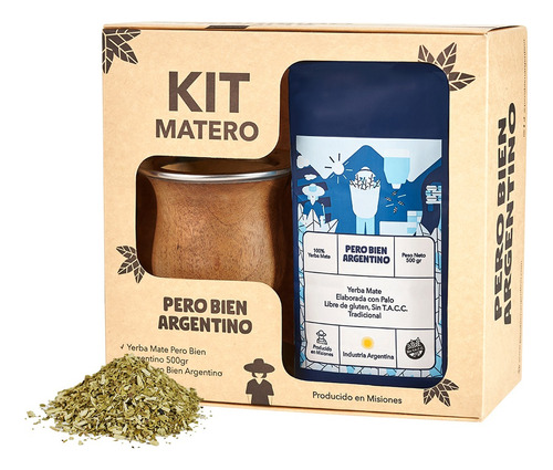 Kit Mate Algarrobo Virola Acero, Yerba Mate  Y Bombilla  