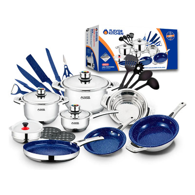 Batería de Cocina Flavor Kitchen 25 Piezas | Sartenes Antiadherentes y Acero Inoxidable | Juego de Ollas y Sartenes | Meses sin interés