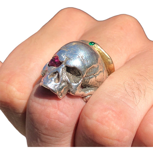 Anillo De Plata Calavera, Anillo Hombre De Craneo Con Rubi