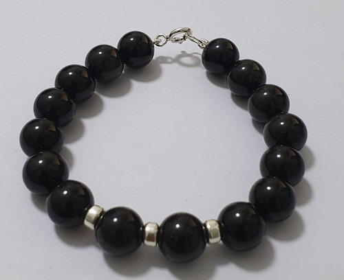   Pulsera Obsidiana Negra  Bolitas 10mm Cierre Plata 925 