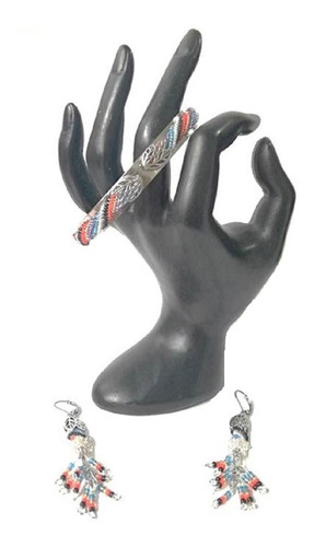 Juego Aretes Y Pulsera Brazalete Tejido A Mano Mostacilla 