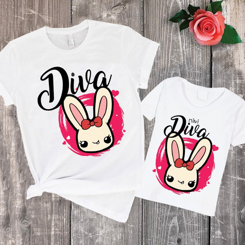 Combo Remera Madre E Hija Combinada Diva Conejito Mujer Nena