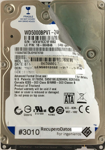 Wd Wd5000bpvt-24hxz 500gb Sata - 03636 Recuperodatos