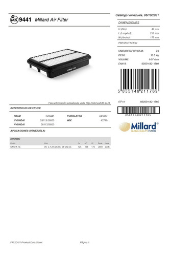 Filtro De Aire Millard Mk-9441 Hyundai Santa Fe 2001 / 2006 Foto 4