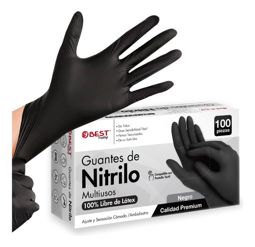 100 Guantes Nitrilo Premium Negro Libre De Látex Sin Polvo