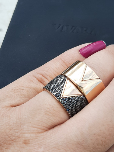 Anel Vivara Ouro Rosé 18k E Diamantes Negros 